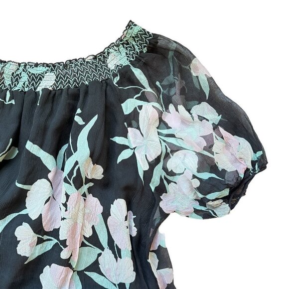 Maeve Silk Paola Swing Dress Oversized Black Chiffon Floral Off Shoulder Mini - Picture 6 of 13